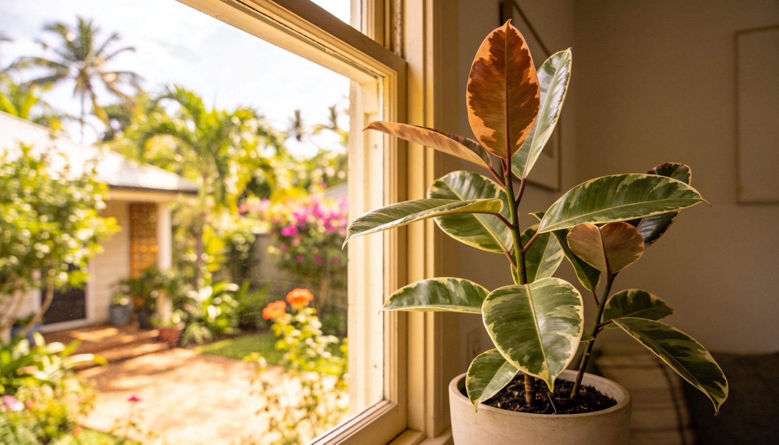 Photorealistic editorial 16:9 Australian indoor garden scene in a Queensland home, a potted leafy plant with a few naturally brown leaf tips beside a bright window overlooking a su