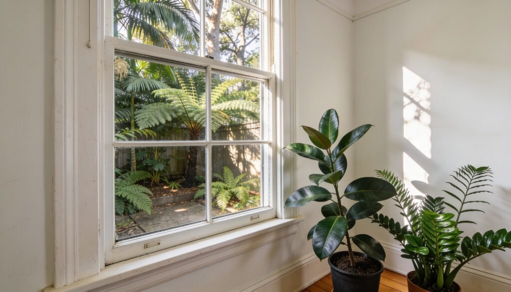 Photorealistic editorial 16:9 Australian indoor garden scene in a modest Queensland rental, cast-iron plant and ZZ plant beside a window overlooking a shaded subtropical courtyard,
