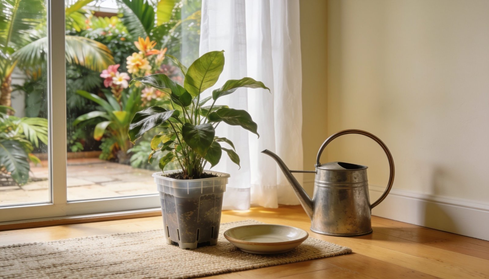 Photorealistic editorial 16:9 Australian indoor garden scene in a Queensland home, a leafy plant in a removable nursery pot beside an empty saucer and watering can near a window ov
