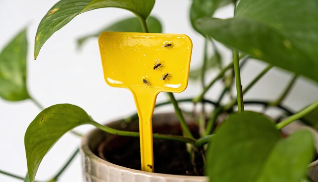 Yellow sticky trap in an indoor plant pot for catching fungus gnats