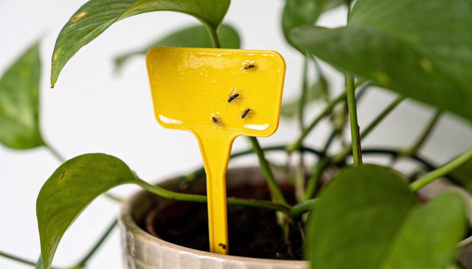 Yellow sticky trap in an indoor plant pot for catching fungus gnats