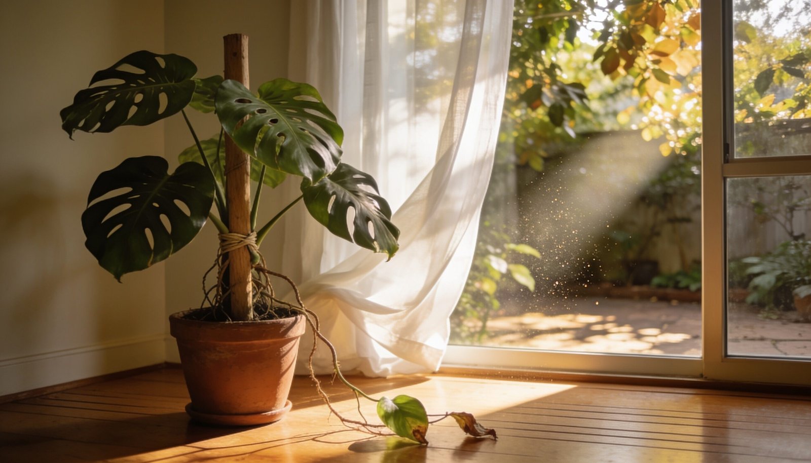 Photorealistic editorial 16:9 Australian indoor garden scene in a Queensland home, a mature potted Monstera deliciosa loosely secured to a plain support beside a sheer-curtained wi