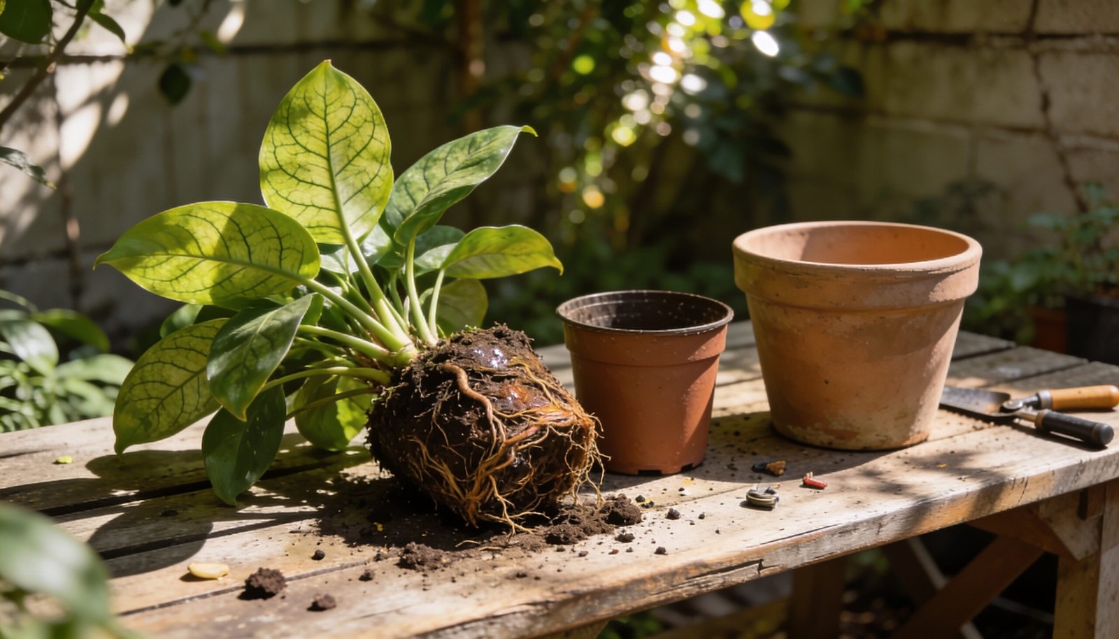 Photorealistic editorial 16:9 Australian garden scene on a shaded Queensland courtyard potting bench, a leafy indoor plant with its intact root ball beside its nursery pot and a sl