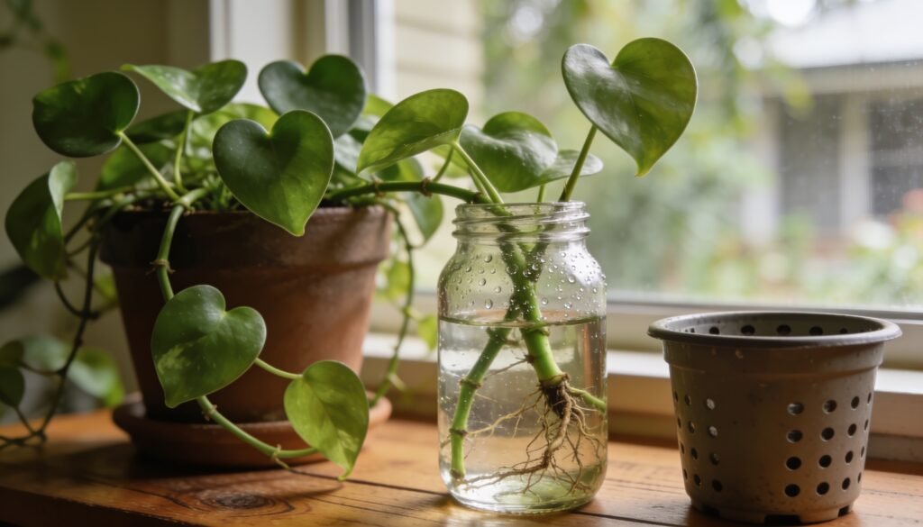 Photorealistic editorial 16:9 Australian indoor garden scene beside a Queensland home's shaded window, showing a potted trailing pothos, healthy stem cuttings rooting in a clear ja