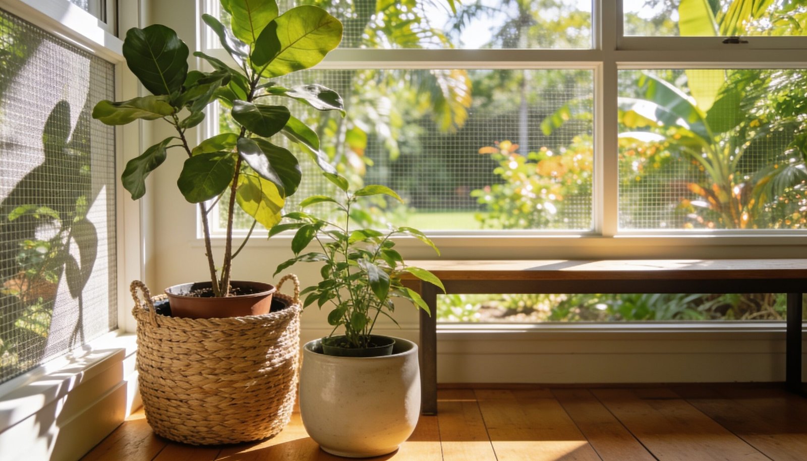 Photorealistic editorial 16:9 Australian indoor garden scene in a Queensland home, leafy plants spaced beside a bright screened window overlooking a subtropical garden, visible nur