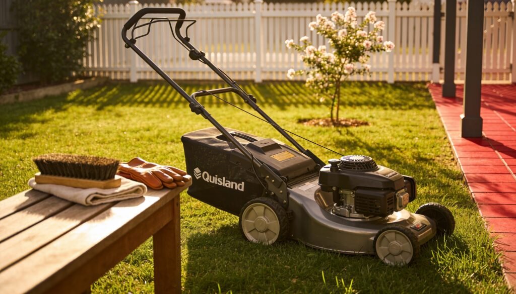 Photorealistic editorial 16:9 Australian garden scene showing an upright unbranded walk-behind mower beside a tidy Queensland backyard lawn with a brush, cloth and gloves on a near