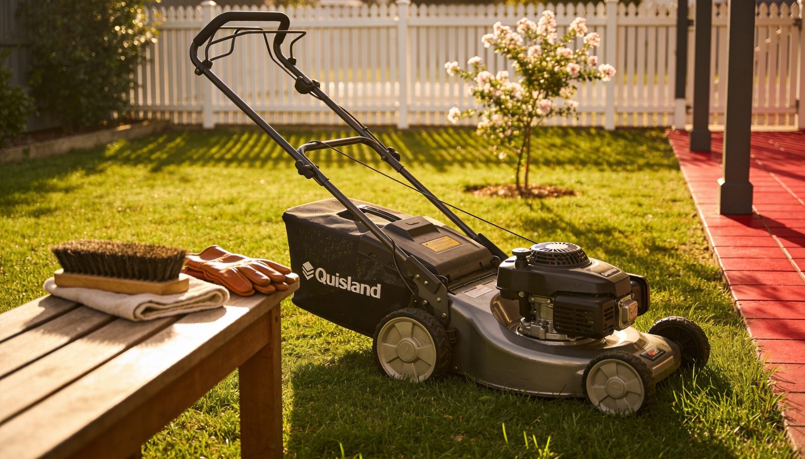 Photorealistic editorial 16:9 Australian garden scene showing an upright unbranded walk-behind mower beside a tidy Queensland backyard lawn with a brush, cloth and gloves on a near