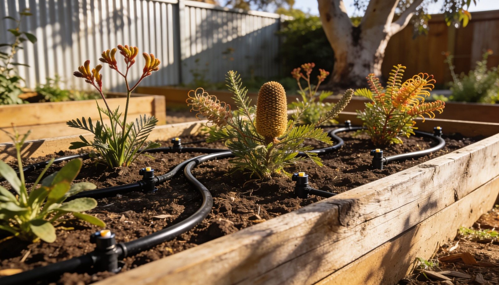 Photorealistic 16:9 image of an Australian backyard with a drip irrigation network running under a beds of native plants, no text or logos.