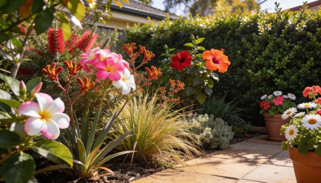 Photorealistic editorial 16:9 Australian suburban garden scene showing a varied bed of native shrubs and strappy foliage alongside flowering frangipani and hibiscus, a loose green