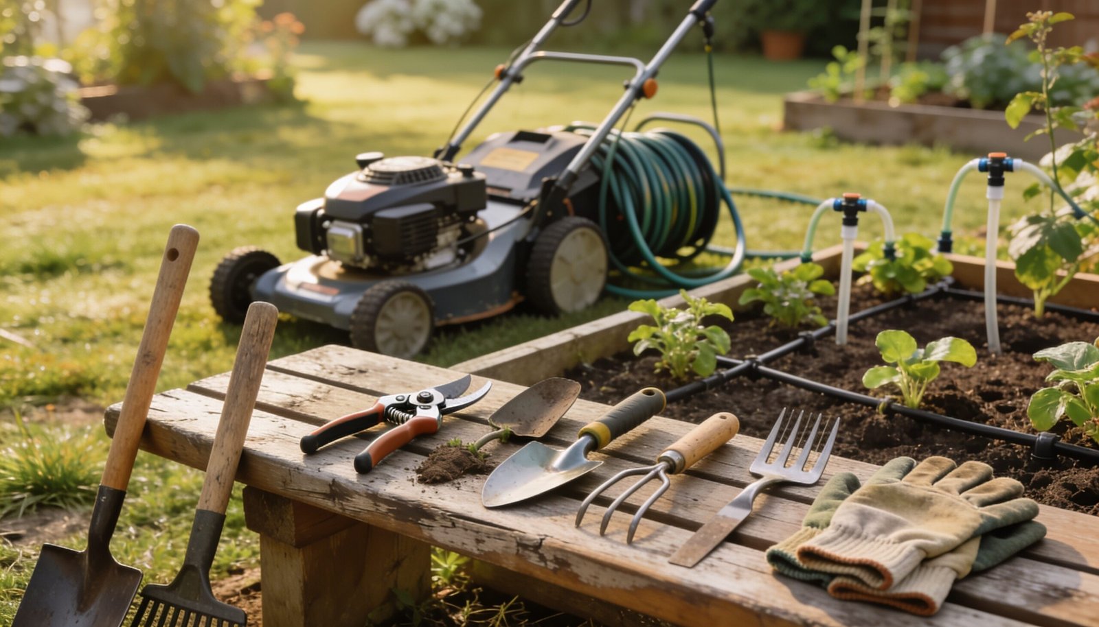 Photorealistic editorial 16:9 Australian suburban garden scene with a tidy array of secateurs, trowel, fork, gloves and watering can on a timber bench, a spade and rake alongside,