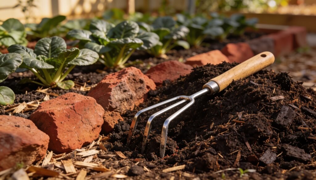 Photorealistic editorial 16:9 photograph of a small Australian suburban garden bed with reddish clay clods beside dark mature peat-free compost, a hand fork and mulched leafy plant