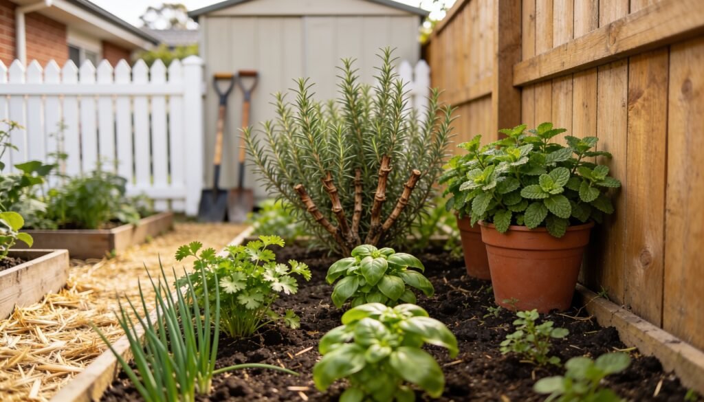 Photorealistic editorial 16:9 photograph of a compact Australian suburban kitchen garden with small seasonal herb beds, established rosemary, separate mint pots and clear mulched p