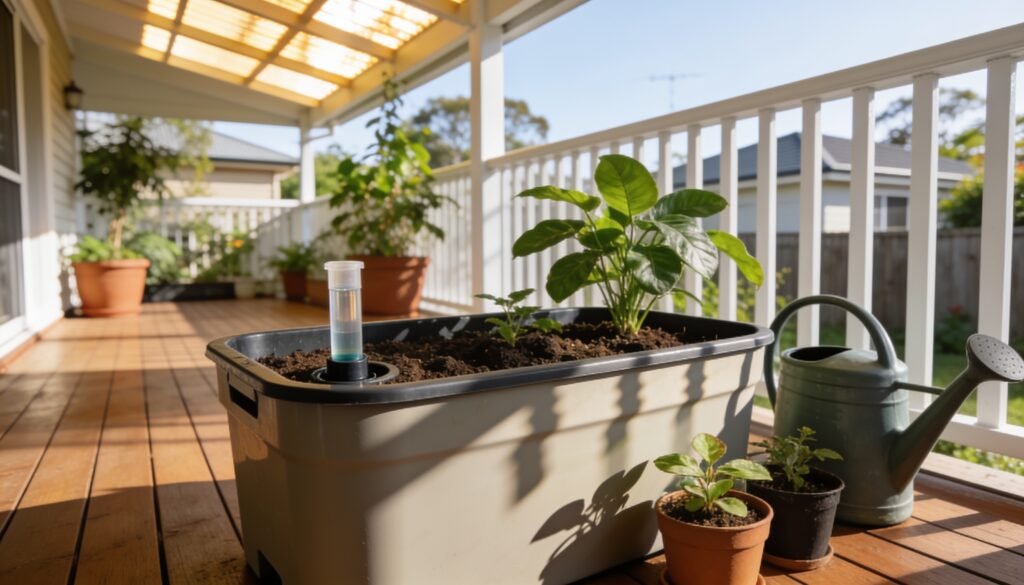 Photorealistic editorial 16:9 Australian garden scene on a Queensland suburban covered balcony, showing a planted self-watering container with visible refill tube beside small indo