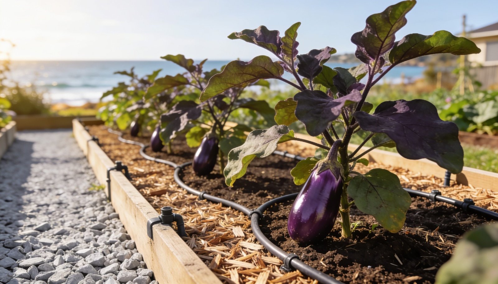 Photorealistic editorial 16:9 Australian suburban coastal garden scene with a compact raised vegetable bed, mulched soil, drip irrigation and well-spaced eggplants beside a clear a