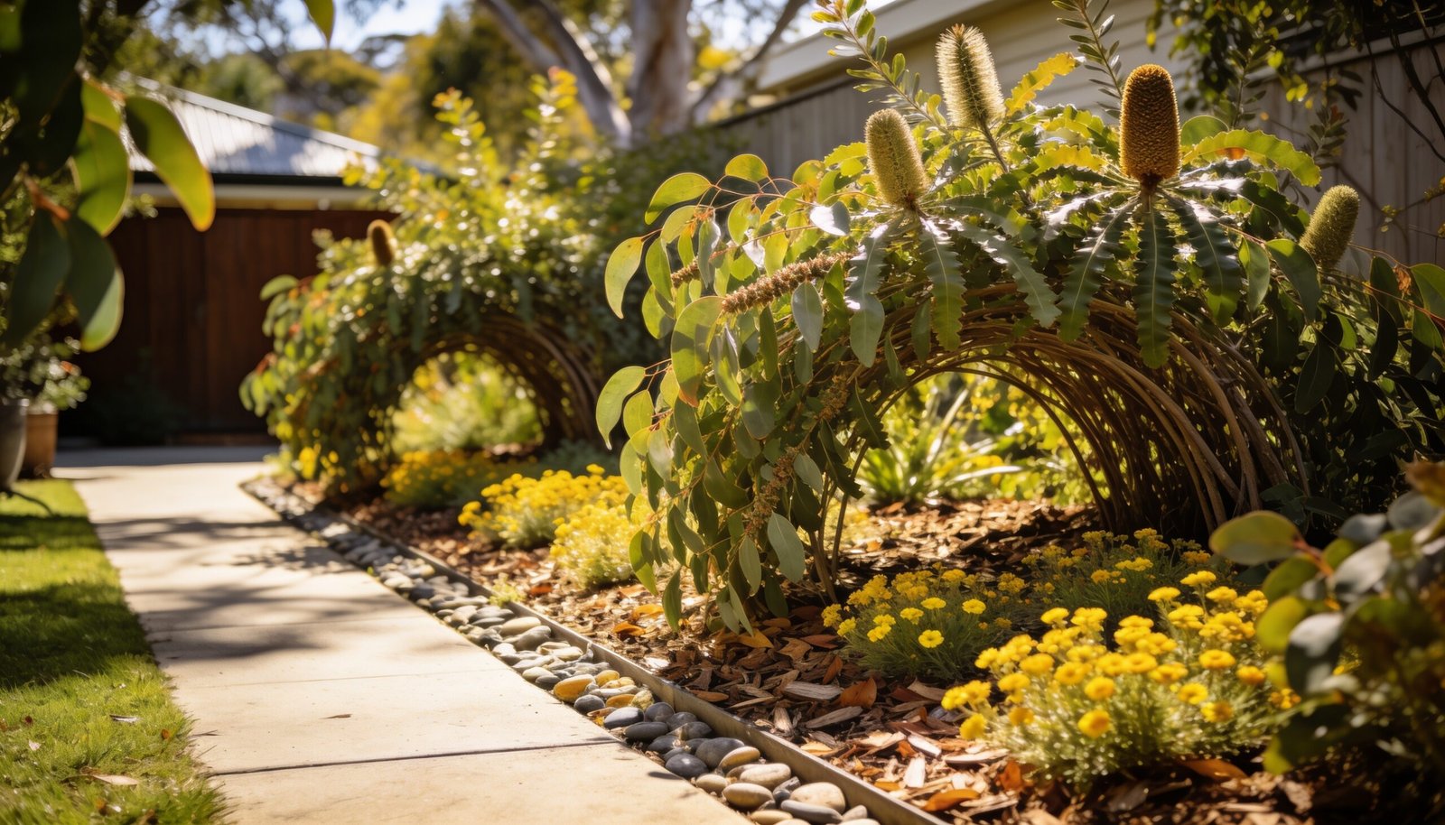 Photorealistic editorial 16:9 Australian suburban courtyard garden scene with naturally arching native foliage clumps, low yellow-flowered native groundcovers, visible organic mulc