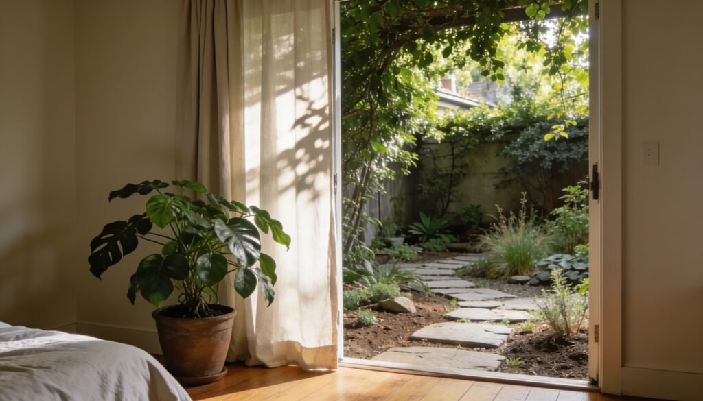 Photorealistic editorial 16:9 Australian garden scene viewed from a modest suburban bedroom, with a potted cast iron plant beside an open curtain and a shaded courtyard garden beyo
