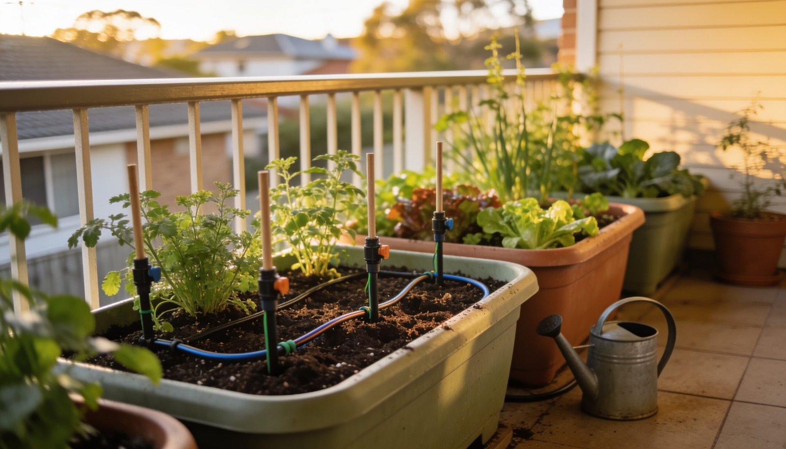 Photorealistic editorial 16:9 photograph of a compact Australian suburban balcony with herb and vegetable pots, neat portable drip tubing and dripper stakes visible at potting-mix