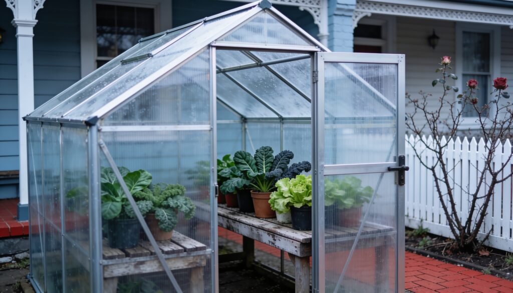 Photorealistic editorial 16:9 photograph of a small portable greenhouse with its door partly open over pots of winter leafy vegetables in a modest Victorian Australian suburban cou