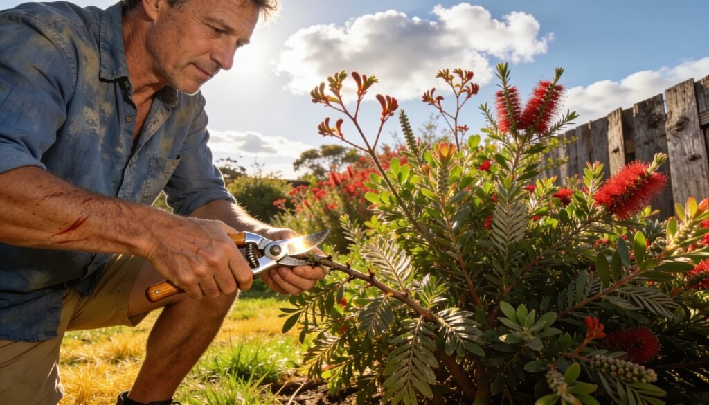 Photorealistic image of a gardener in an Australian backyard using a pair of secateurs on a shrub, with a sunny sky and native plants in the background.