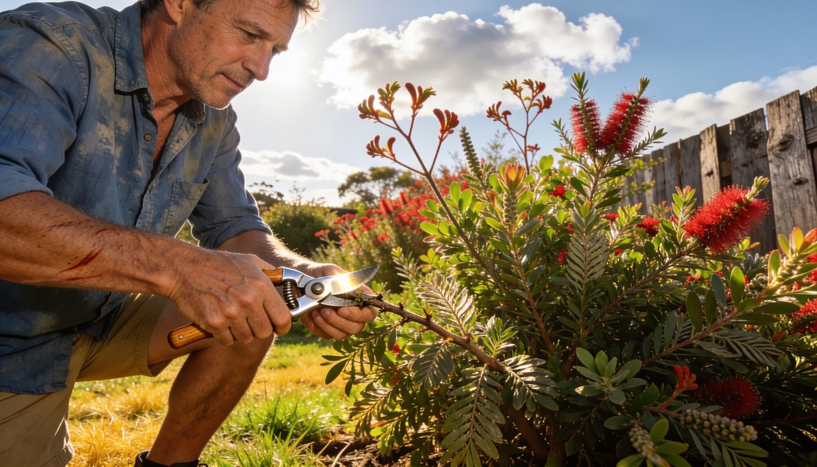 Photorealistic image of a gardener in an Australian backyard using a pair of secateurs on a shrub, with a sunny sky and native plants in the background.