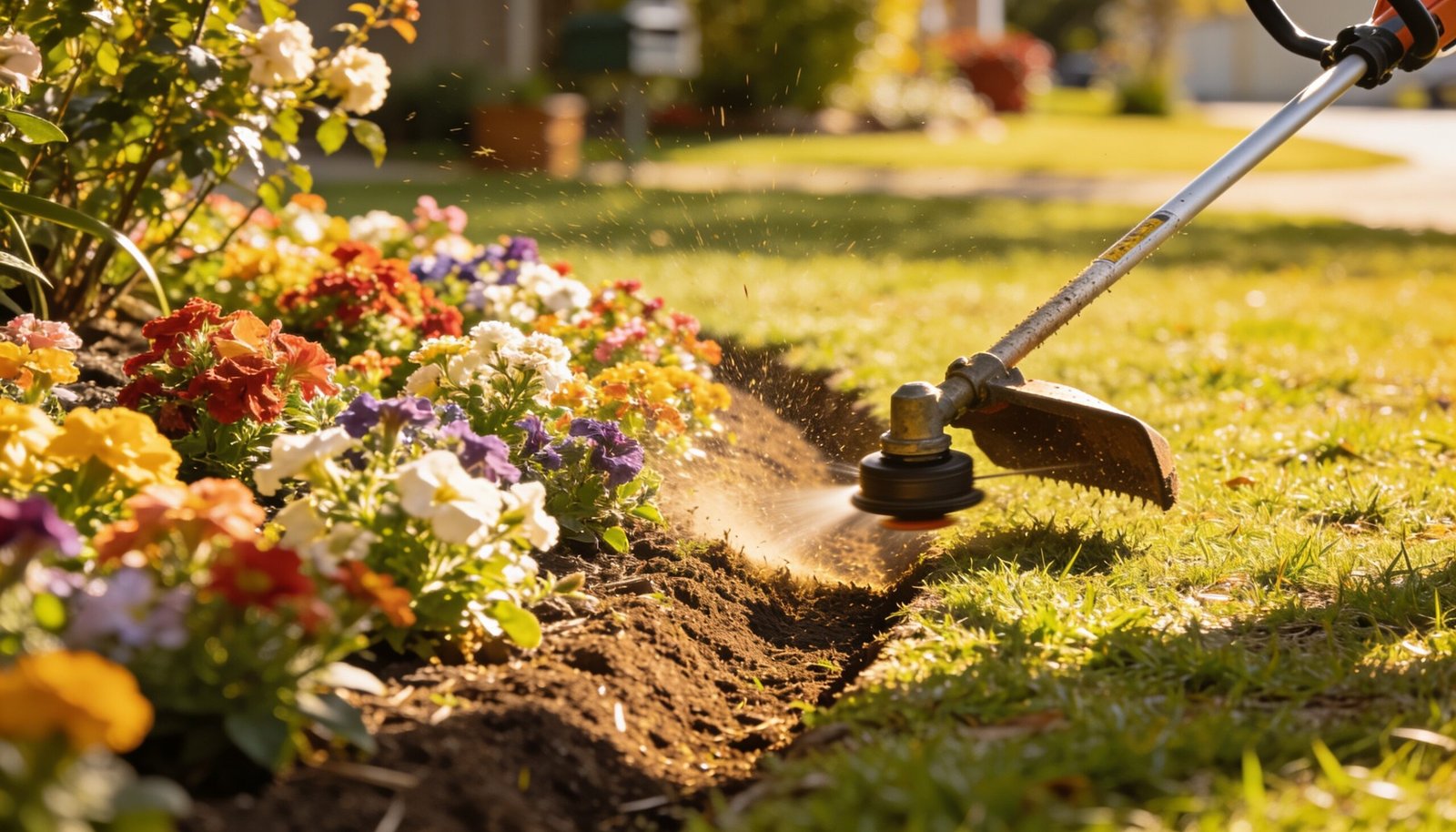 A sunny Australian garden with a whipper snipper cutting a neat edge beside a flower bed, no text or logos.