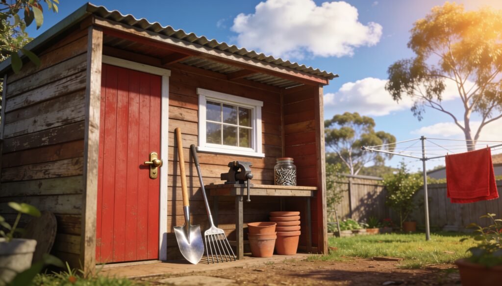 Photorealistic 16:9 image of a tidy garden shed in an Australian backyard, with neatly arranged tools and a bright sunny sky.