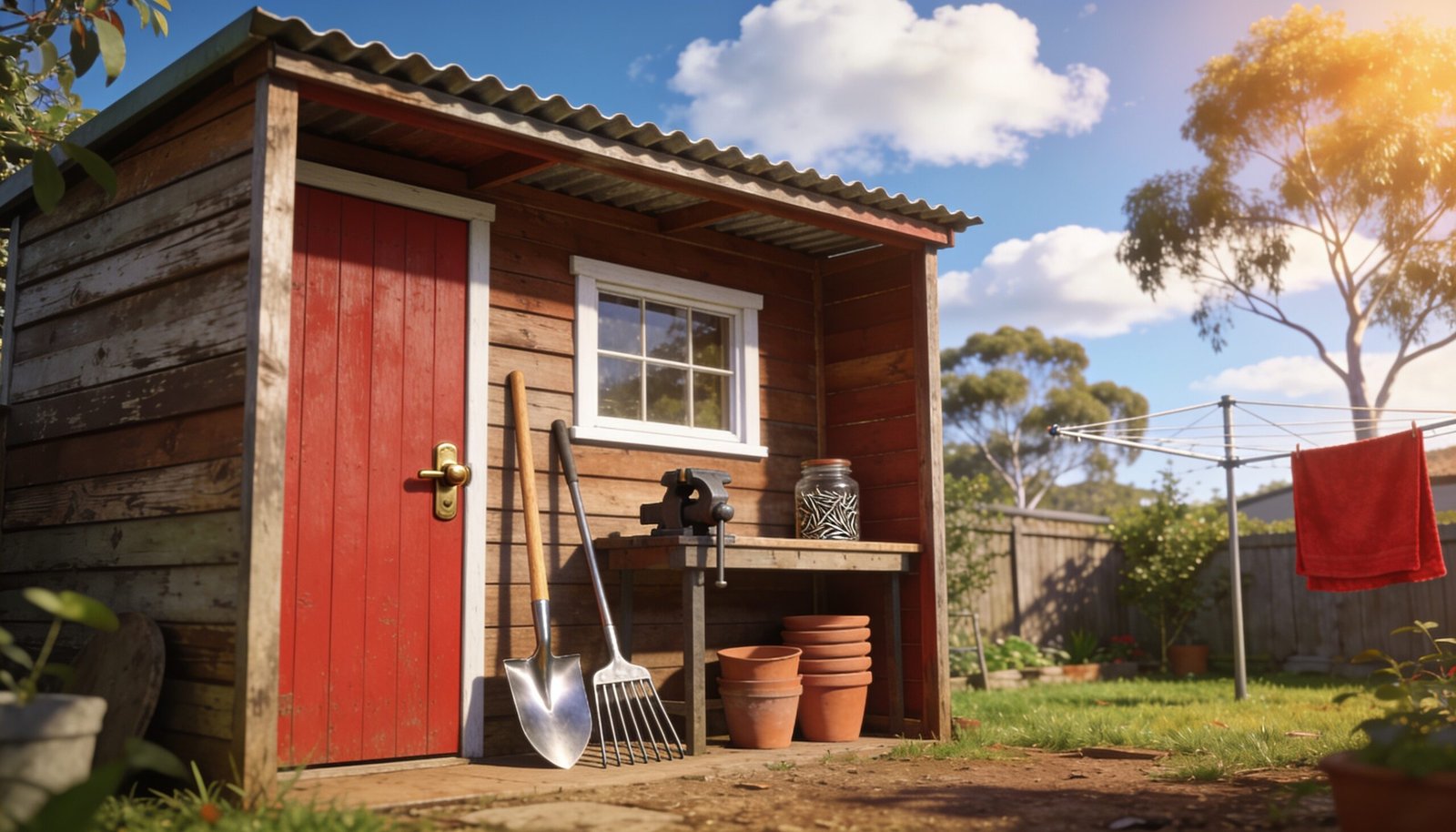 Photorealistic 16:9 image of a tidy garden shed in an Australian backyard, with neatly arranged tools and a bright sunny sky.