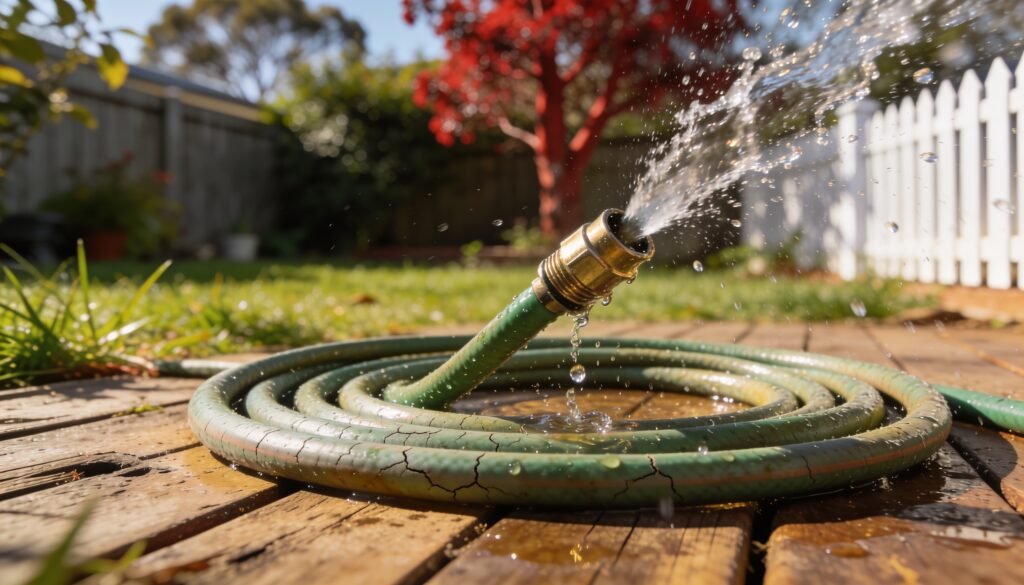 Photorealistic image of a garden hose with a leaking fitting on a sunny Australian backyard, no text or logos.