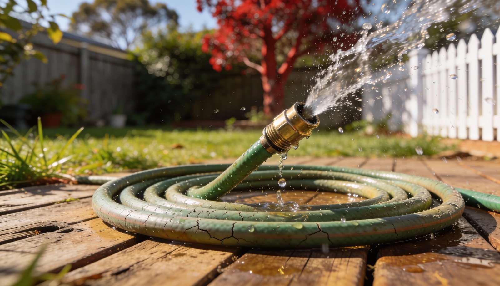 Photorealistic image of a garden hose with a leaking fitting on a sunny Australian backyard, no text or logos.