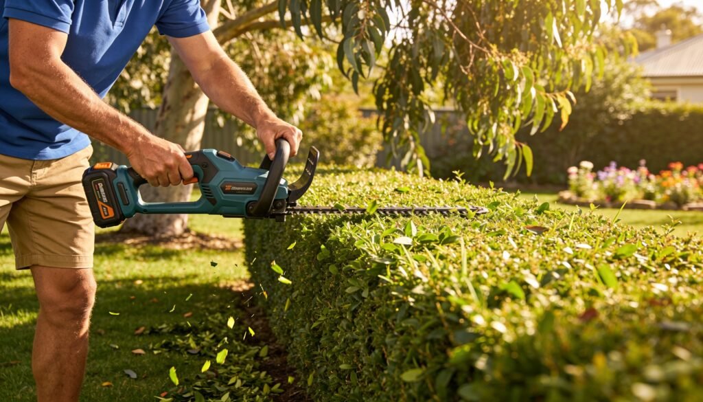 Photorealistic 16:9 scene of an Australian garden with a homeowner using a cordless hedge trimmer beside a neatly trimmed hedgerow.