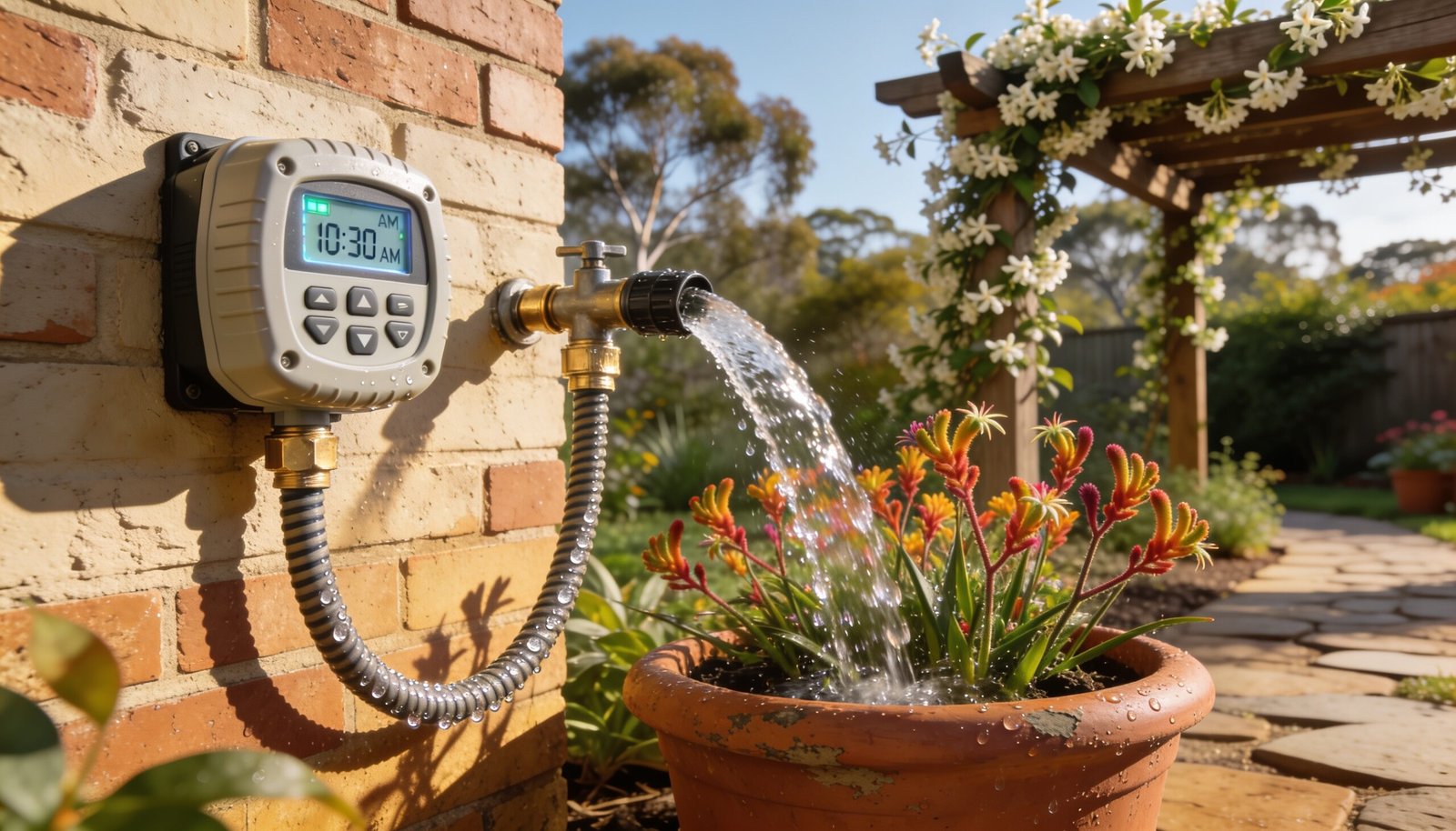 Photorealistic 16:9 image of a sunny Australian garden with a tap timer mounted on a wall, water flowing from a garden hose into a planter.