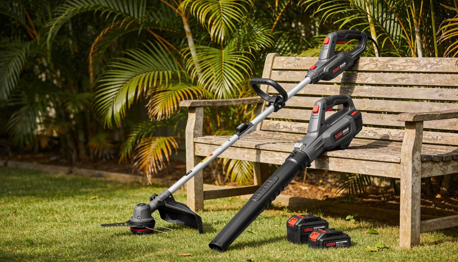 Photorealistic editorial 16:9 Australian suburban garden scene with a shaded timber bench, plain unbranded cordless garden equipment and removable battery packs beside a small lawn