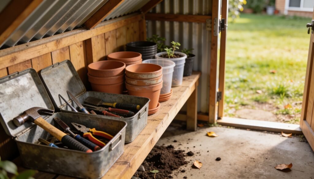 Photorealistic editorial 16:9 scene in a small Australian suburban garden shed, common unbranded hand tools in open containers beside neatly grouped pots and a clear doorway, natur