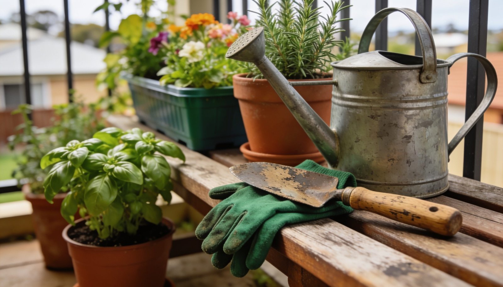 Photorealistic editorial 16:9 Australian suburban balcony garden scene with unbranded watering cans, a trowel, gloves and assorted plant containers on a timber bench beside potted