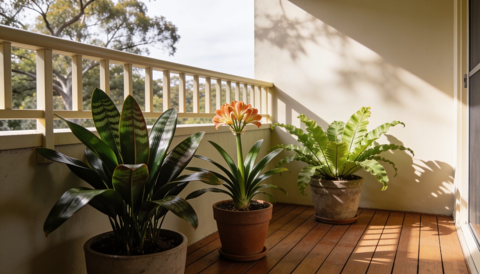 Photorealistic editorial 16:9 scene of a shaded Australian apartment balcony with potted aspidistra, clivia and a bird's nest fern in soft indirect daylight, no readable text, no l
