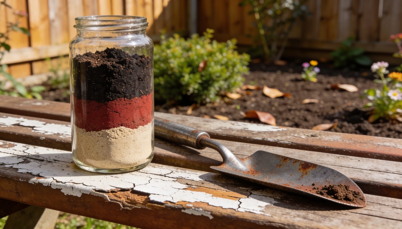 Photorealistic editorial 16:9 Australian suburban garden scene with a clear straight-sided jar of settled soil layers on a weathered bench beside a trowel and garden bed, natural d