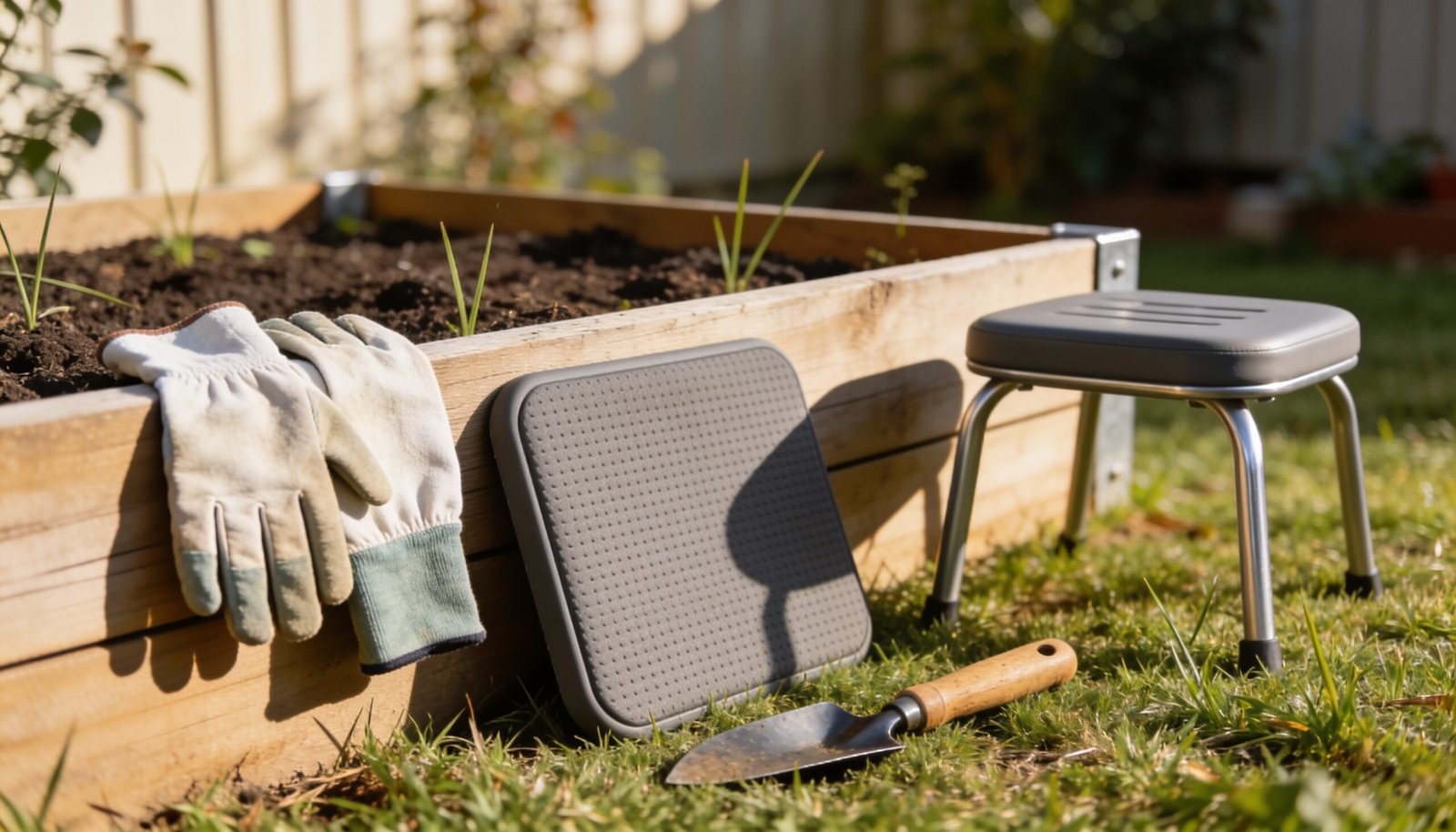 Photorealistic editorial 16:9 Australian suburban garden scene with lightweight gloves, long-cuff gardening gloves, a kneeling pad, compact stool and hand trowel beside a Queenslan