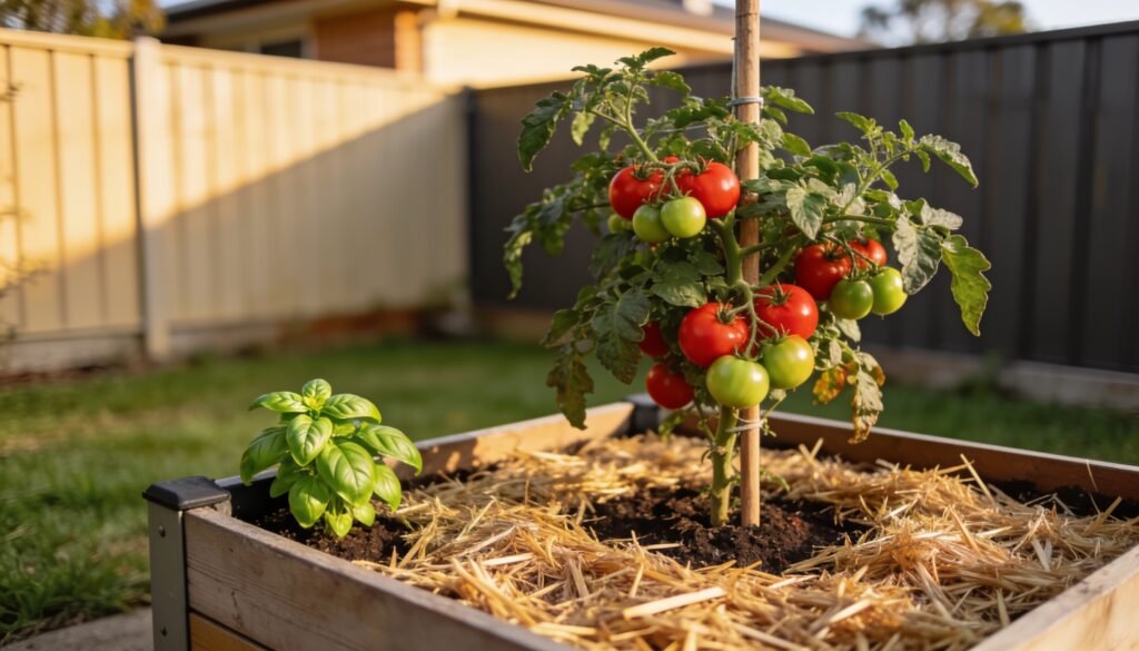 Photorealistic editorial 16:9 photograph of a compact two-square-metre raised bed in an Australian suburban courtyard, with a supported bush tomato carrying ripe and green fruit, v