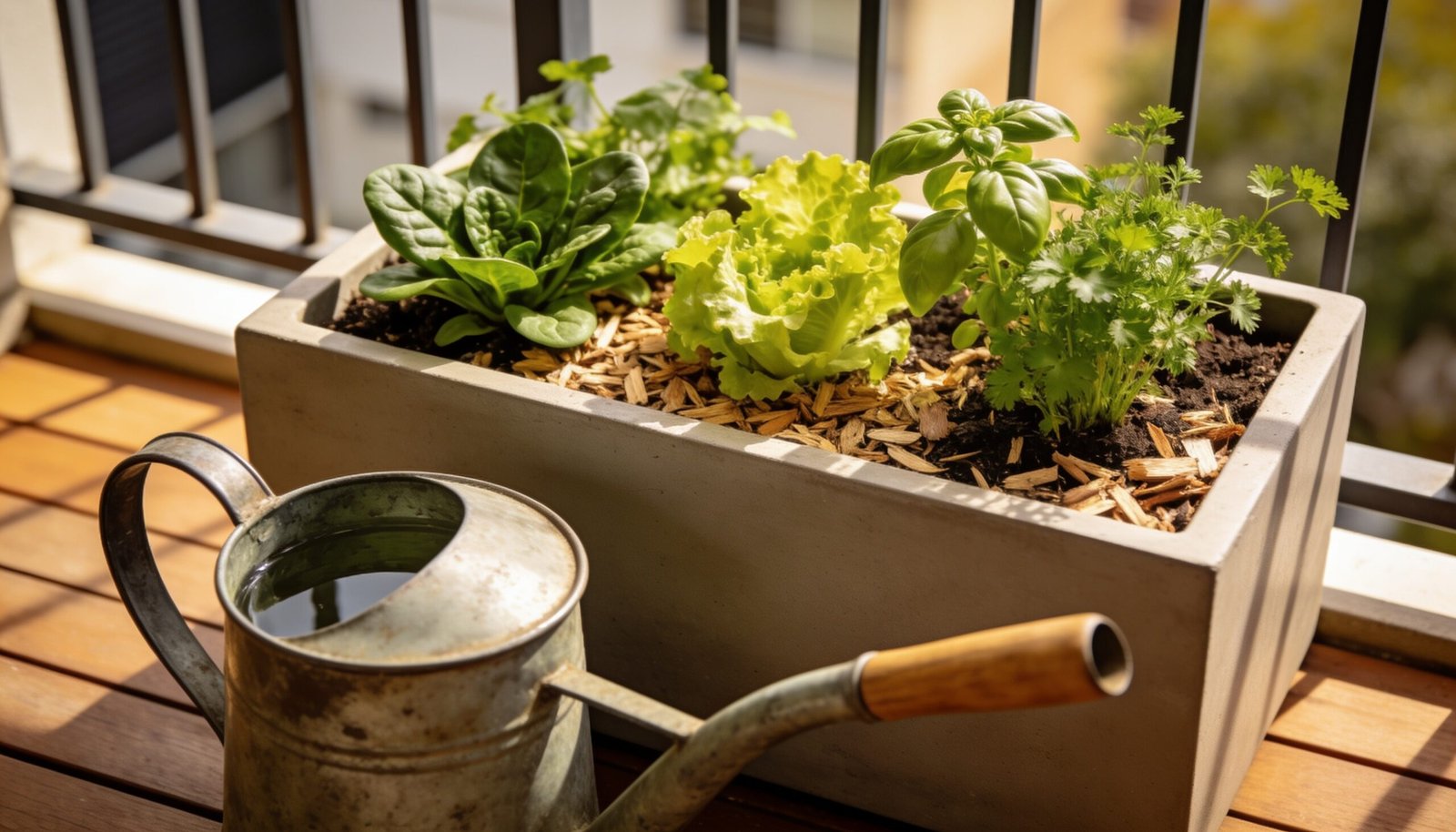 Photorealistic editorial 16:9 Australian garden scene on a modest Sydney balcony, showing a freestanding planter with leafy greens, herbs and surface mulch beside a watering can, n